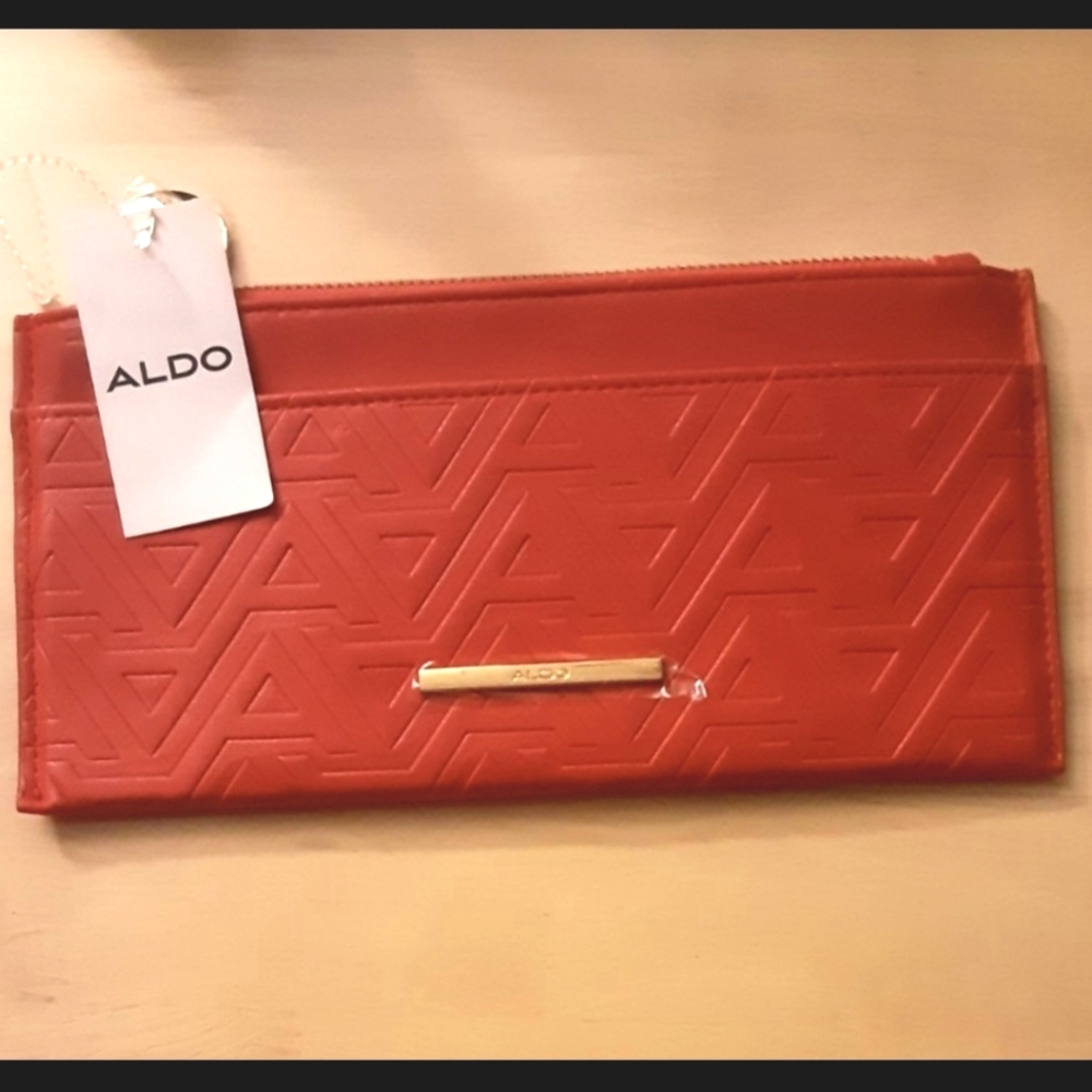 ALDO Red Leather Zipper Closure Pouch Makeup Pencil Bag